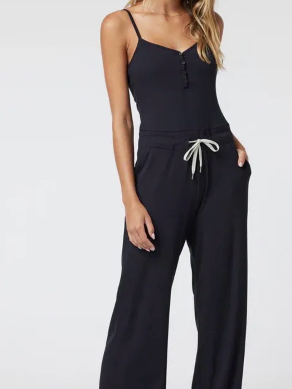 54. Vuori Pose Henley Wide-Leg Jumpsuit with Contrast Drawstring